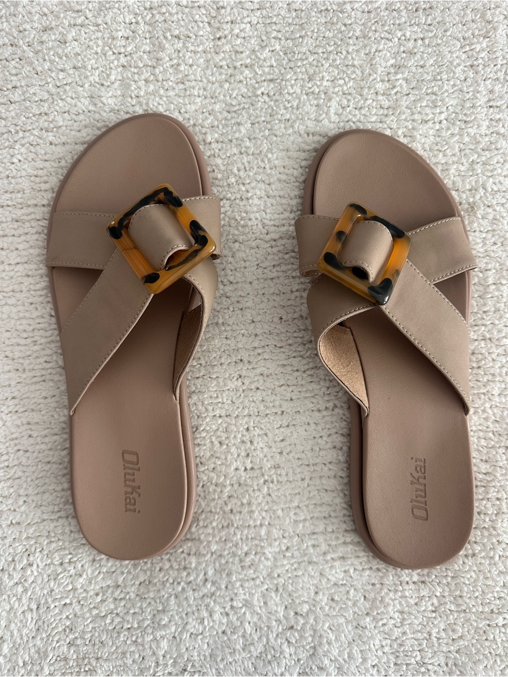 OluKai Tan Slide Sandals with Tortoiseshell Buckles